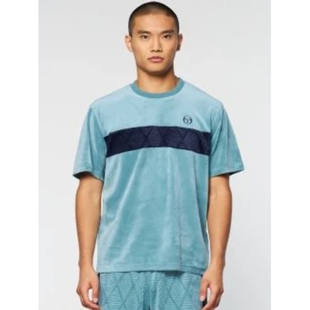 Sergio Tacchini Mens Velour Short Sleeve Chest Stripe Teal Shirt Large